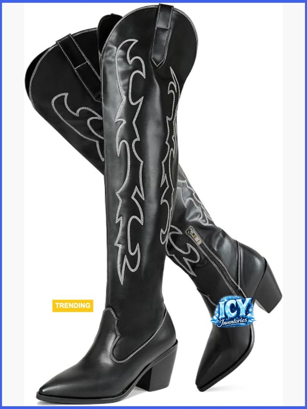 Embroidered Over the Knee Cowboy Boots PU Leather Chunky Heel